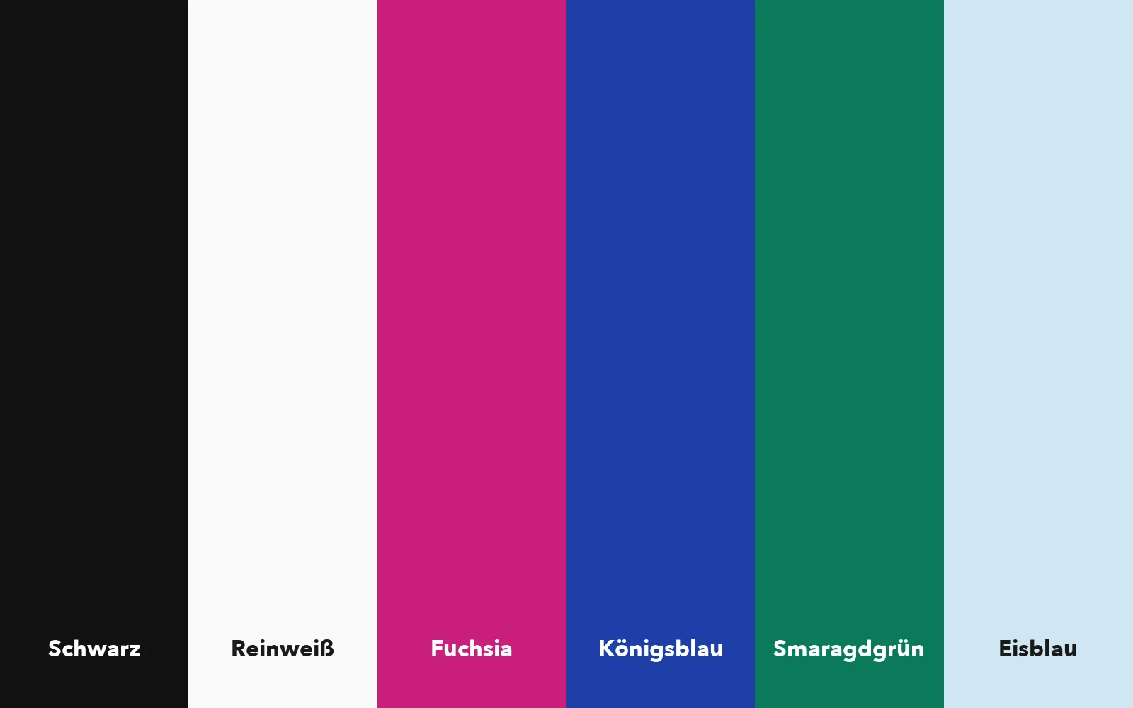 Winter color palette: black, pure white, fuchsia, royal blue, emerald green and icy blue